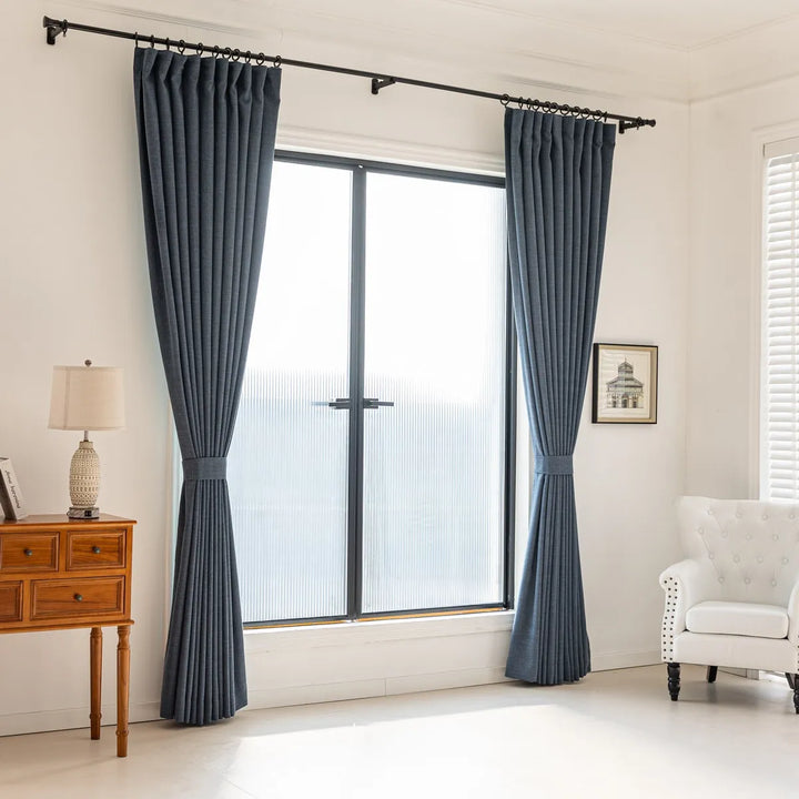 Navy Blue Seren Linen Blend Drapery Pleated