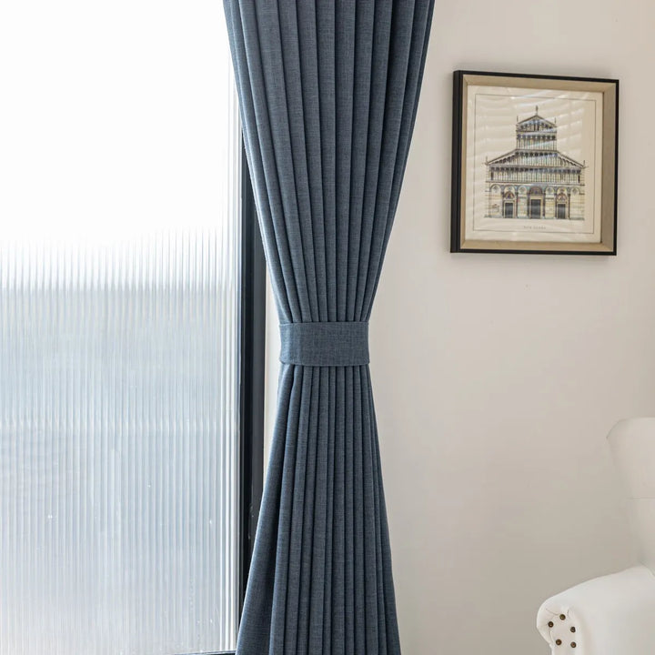 Navy Blue Seren Linen Blend Drapery Pleated